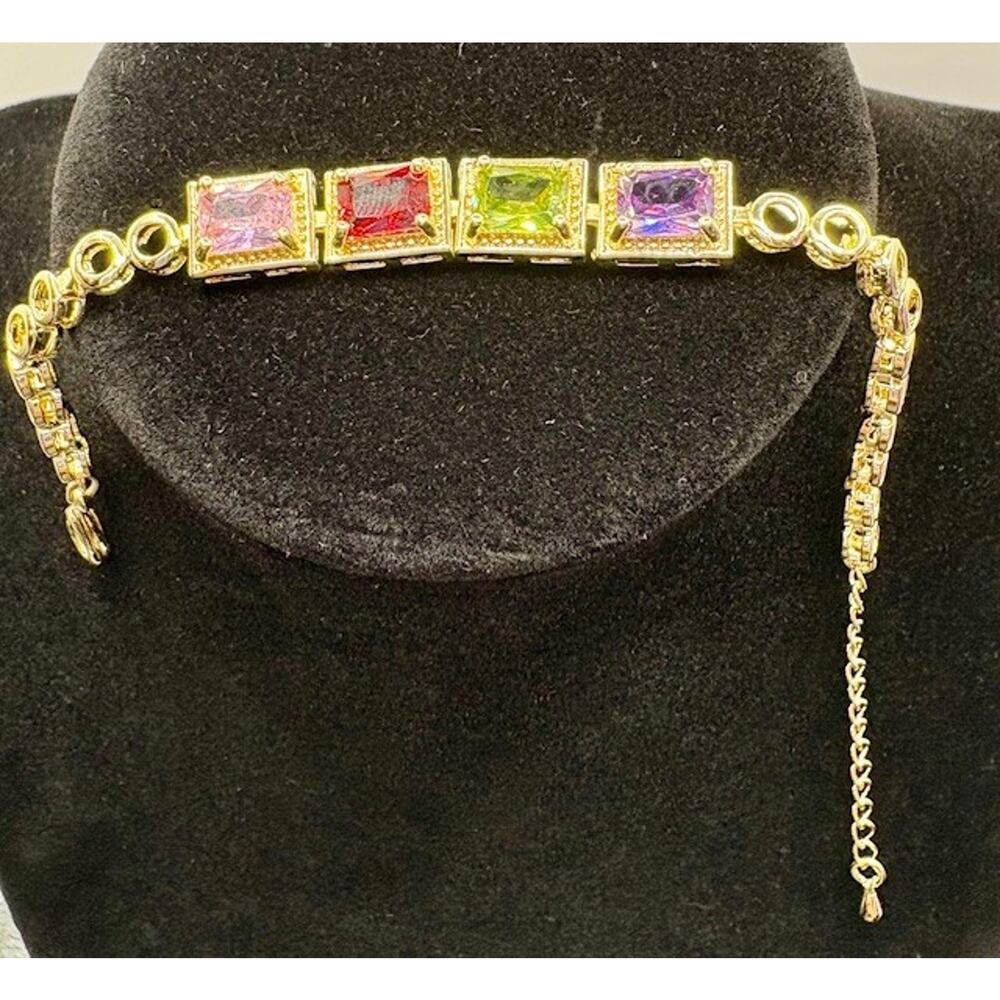 Bracelet Multicolor Emerald Cut Faux Tourmaline Stones Gold Over Brass